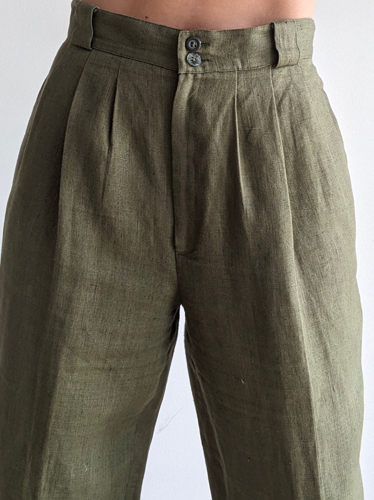 Beautiful Vintage Olive Pleated Linen Trousers