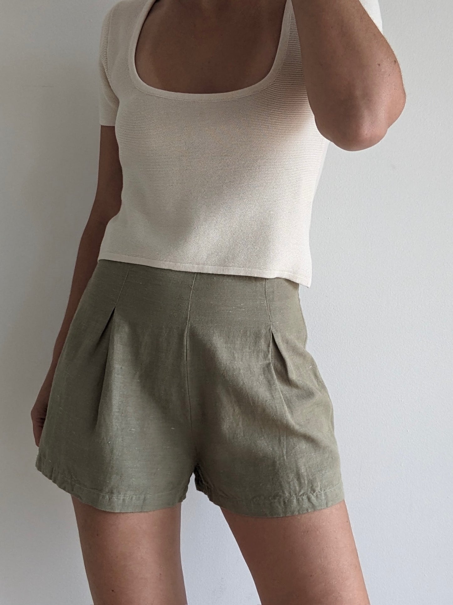 Vintage Sage Pleated Linen Shorts