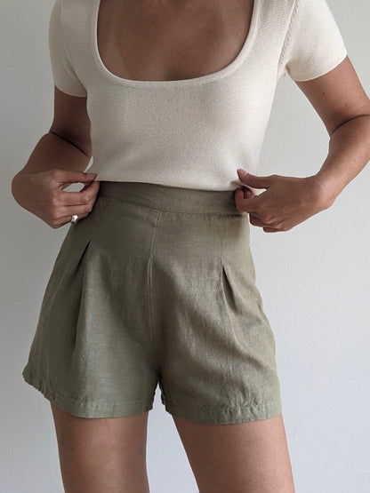 Vintage Sage Pleated Linen Shorts