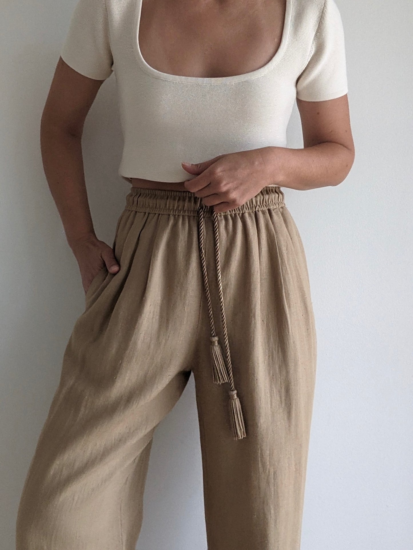 Favorite Vintage Almond Linen Tassel Pants