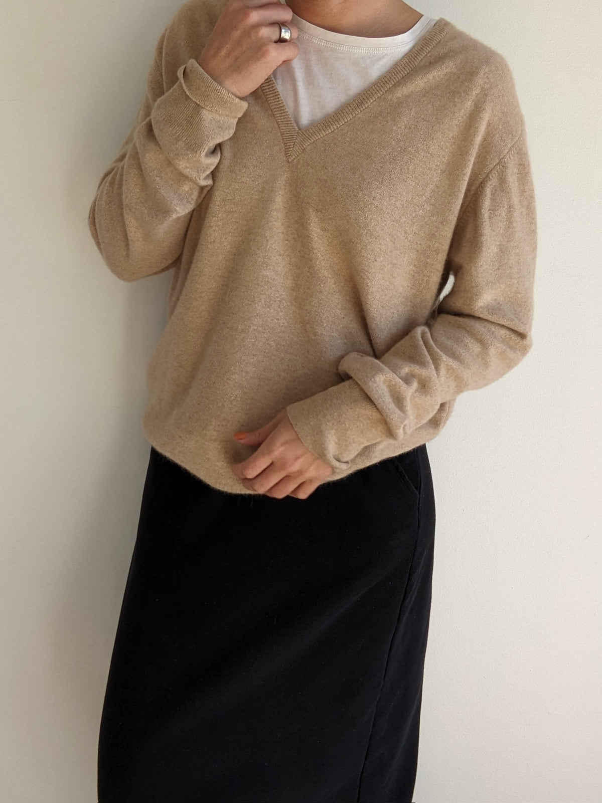 Vintage Latte Cashmere V-Neck Sweater