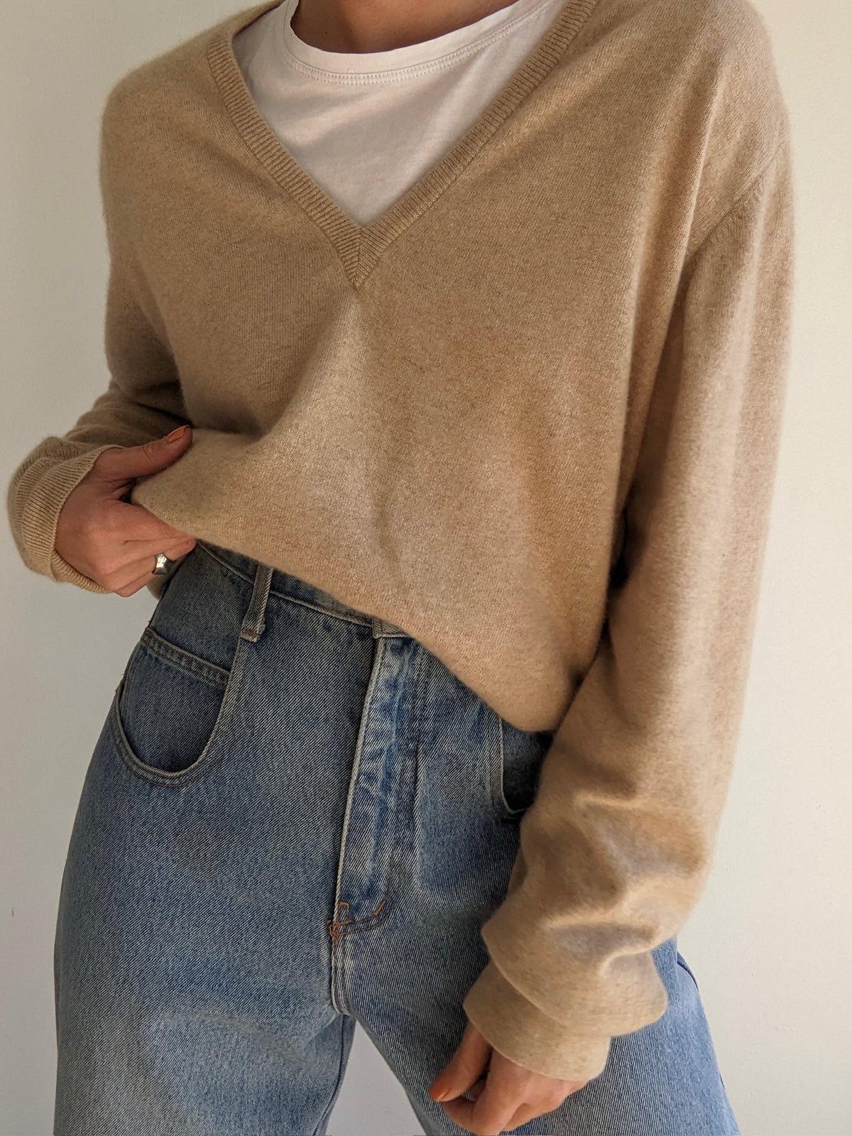 Vintage Latte Cashmere V-Neck Sweater