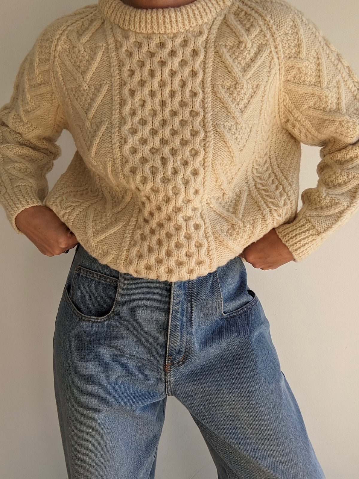Vintage Buttercream Handknit Wool Fisherman Sweater