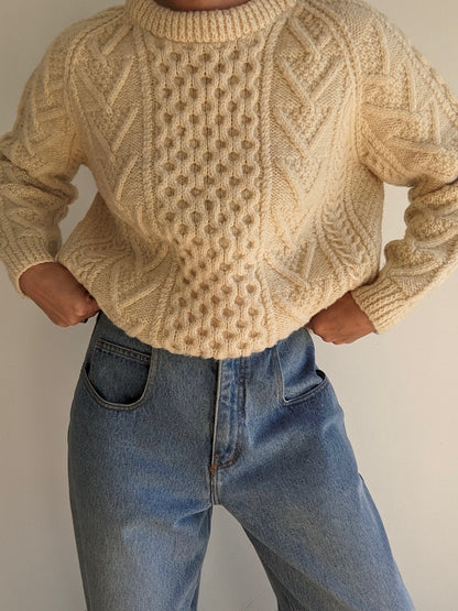 Vintage Buttercream Handknit Wool Fisherman Sweater