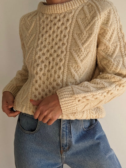 Vintage Buttercream Handknit Wool Fisherman Sweater