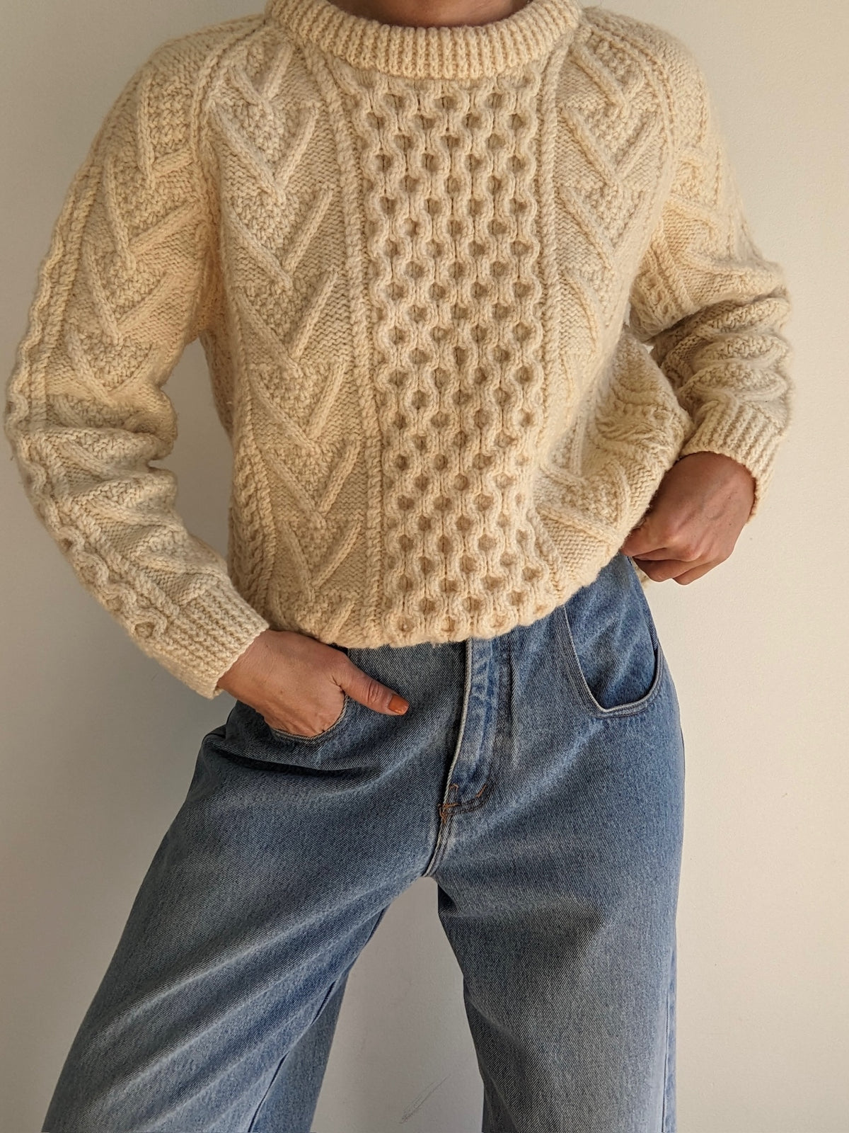 Vintage Buttercream Handknit Wool Fisherman Sweater
