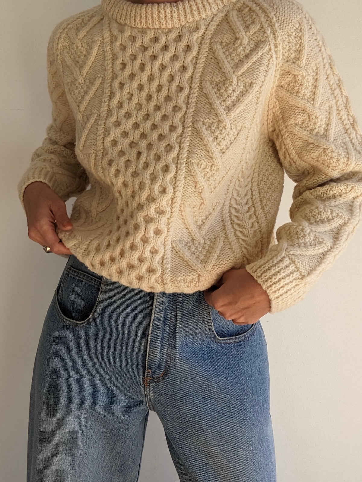 Vintage Buttercream Handknit Wool Fisherman Sweater