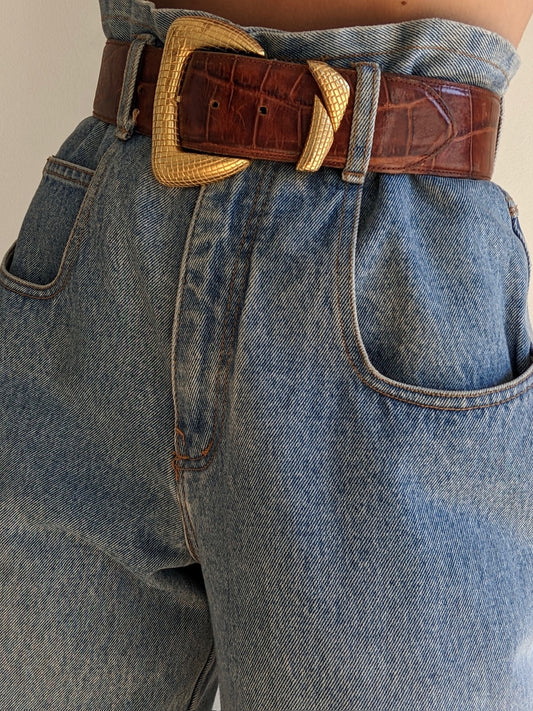 Statement Vintage Croc-Embossed Leather Belt