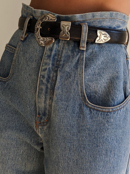 Vintage Black Reptile-Embossed Leather Belt