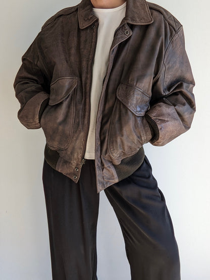 Vintage Faded Espresso Leather Bomber