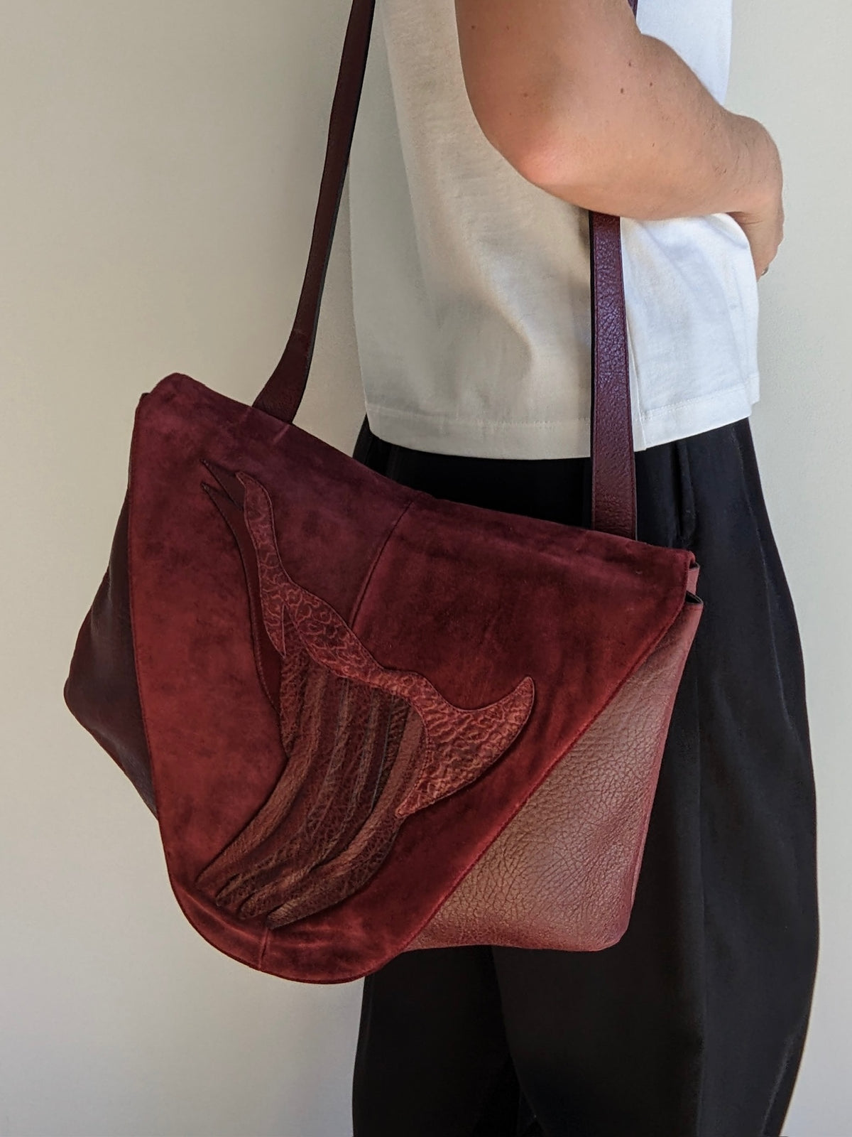 Bold Vintage Merlot Suede & Embossed Leather Bag