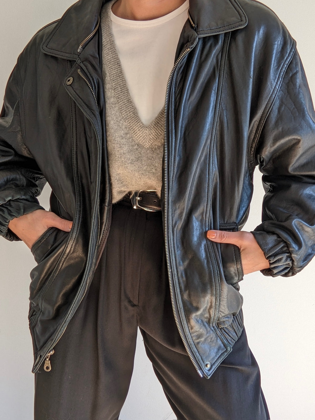 Vintage Ink Black Leather Bomber