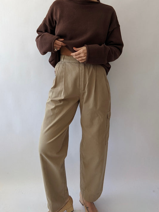 Vintage Khaki Twill Pleated Cargo Pants