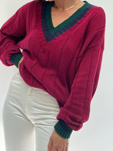 Vintage Berry Collegiate V-Neck Sweater