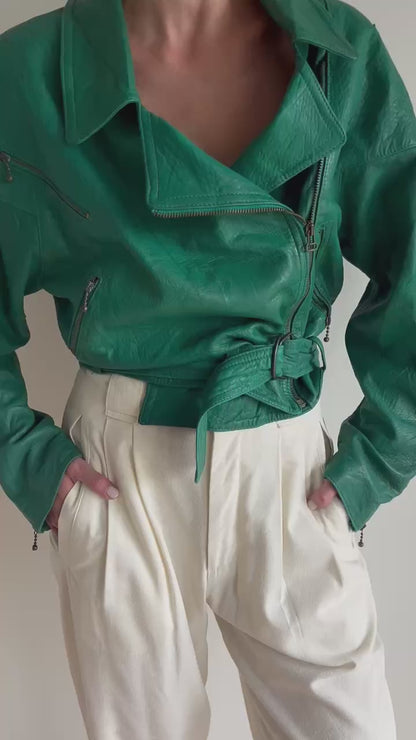 Amazing Vintage Jade Italian Leather Belted Moto Jacket
