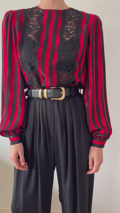 Stunning Vintage Oscar de la Renta Lace & Striped Silk Blouse
