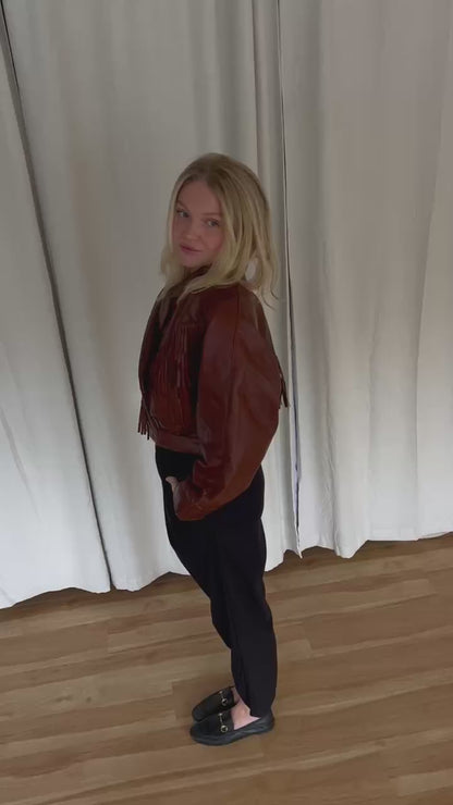 Vintage Cognac Leather Fringe Cropped Jacket