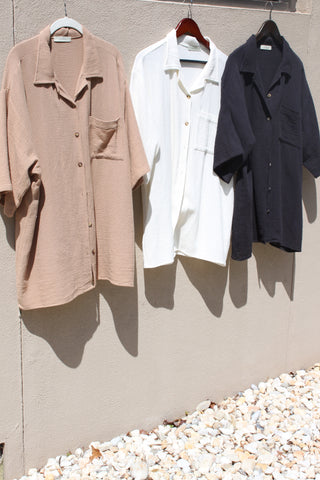 Na Nin Timmy Waffled Cotton Button Up / Available in Natural, Faded Black, Toffee