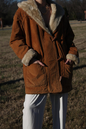 Vintage Chestnut Faux Fur Hooded Suede Coat