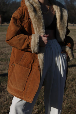 Vintage Chestnut Faux Fur Hooded Suede Coat